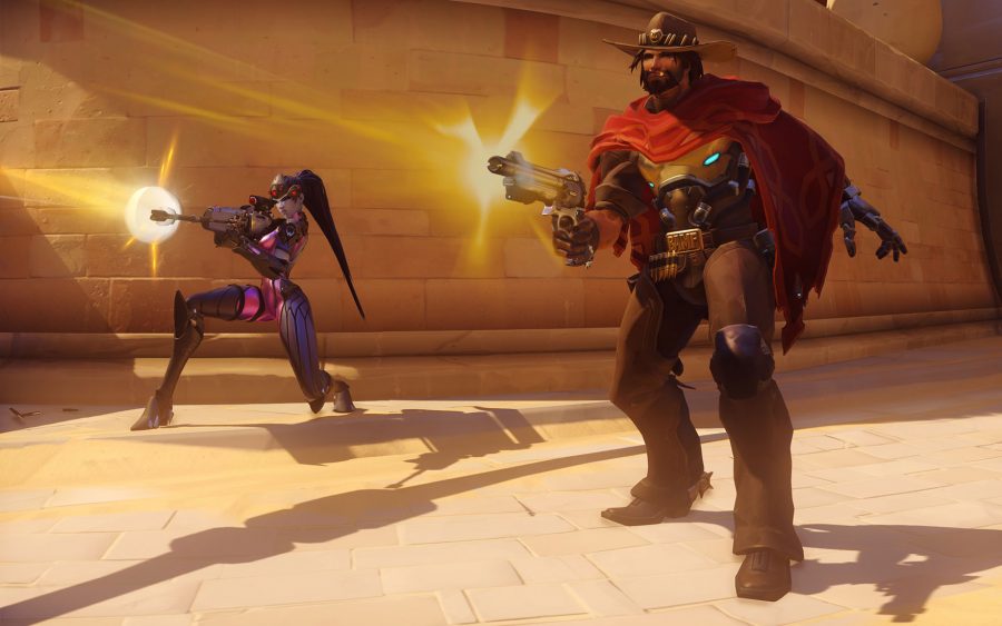 Widowmaker (left) and McCree (right) fire off shots at the enemy, Widowmaker with her deadly one-shot, one-kill sniper and McCree with his hard-hitting 6-shot revolver.