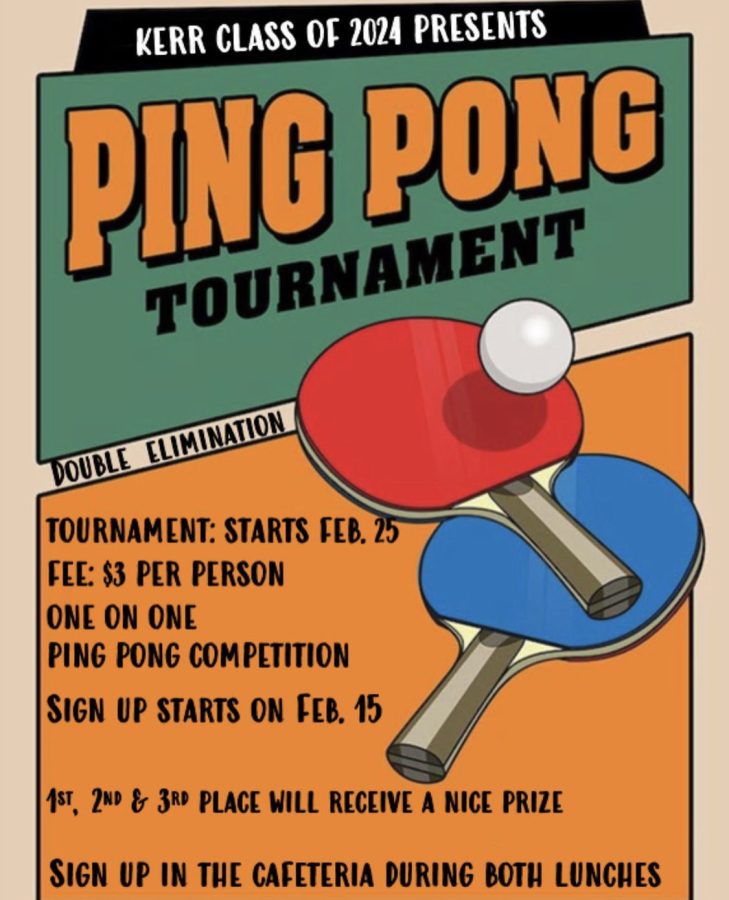 The class of 2024 is encouraging students to compete in the ping pong tournament at the end of February. The sport has become popular at lunch with the addition of a ping pong table in the cafeteria last year. We believed it would be a good idea to start a ping pong tournament because a lot of people requested it, Favour Taiwo, a 2024 officer, said. We also noticed a lot of people play it during lunch and thought it would be nice to start one after the volleyball tournament.