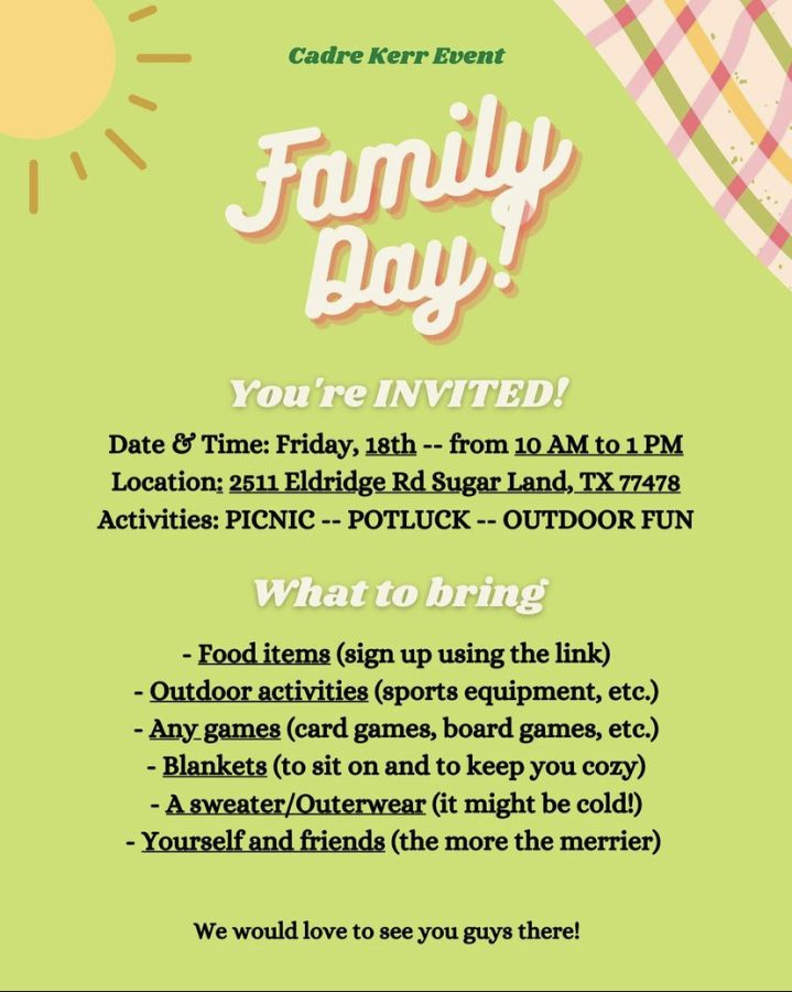 Cadre Kerr invites everyone to a Family Day Potluck this Friday, February the 18th, for games, foods, and lots more. 