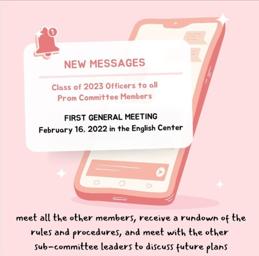 Prom committee general meeting flyer from kerrclassof2023 on Instagram