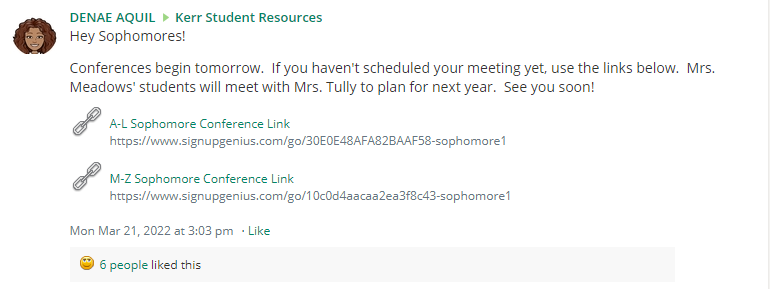 Screenshot of counselor Danae Aquil posting a reservation link for Sophomore conferences.