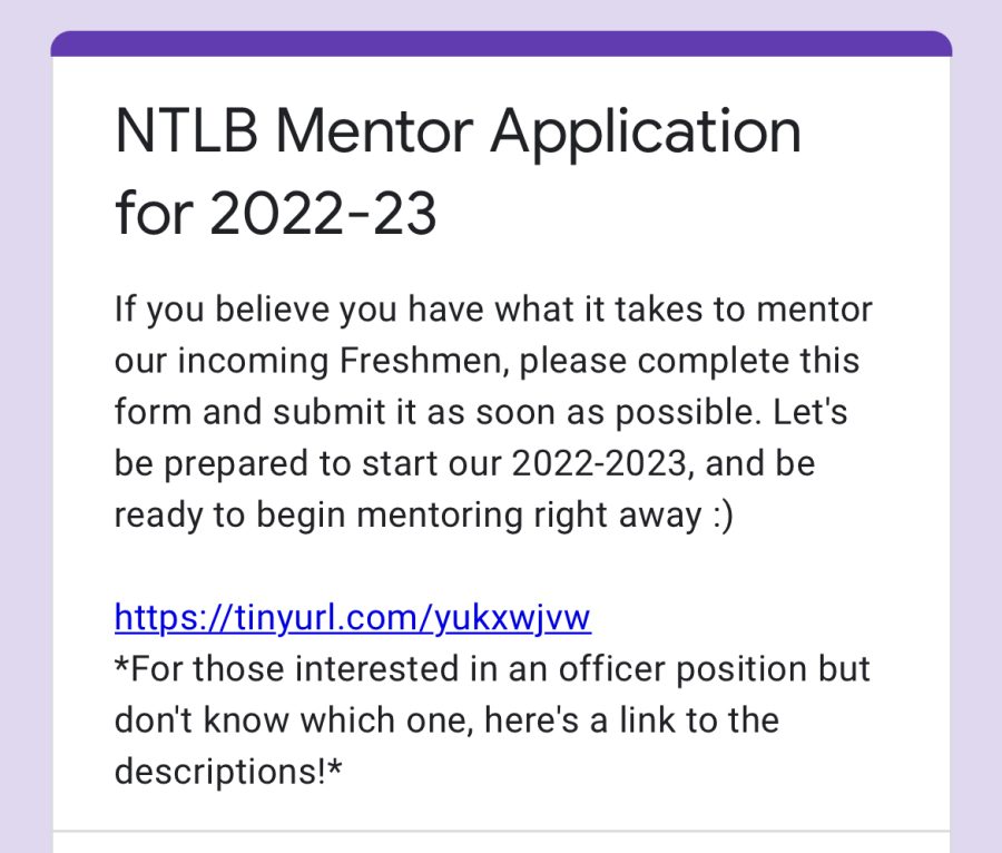 No Tiger Left Behind(NTLB) application form posted on @kerrntlb instagram asking for mentors for next school year.