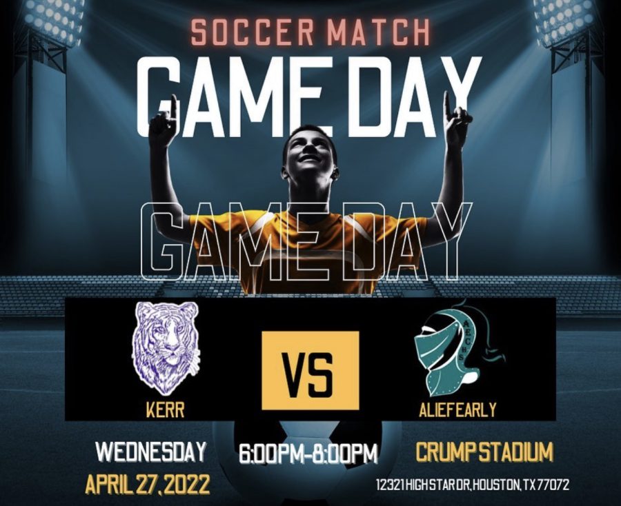 This was posted on @kerrclassof2023 on Instagram to announce the soccer game between Kerr High School and Alief Early College High School.