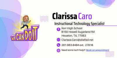 The contact information for Clarissa Caro.