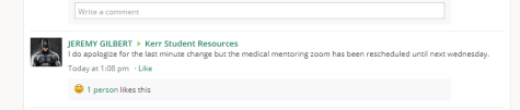 Schoology post about postponed medical mentoring meeting
