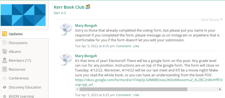 Mark The Page with Book Club, President of the club, Mary Bongah updates on Schoology about the next meeting. The next meeting will be the last meeting, according to Bongah. I hope you all enjoy the book, Bongah said to her members.  