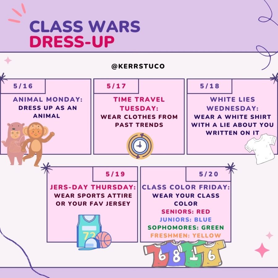 The week of Class wars has been set up to have a different dress up occasion on each day so that the students can get in the spirit of Class Wars.