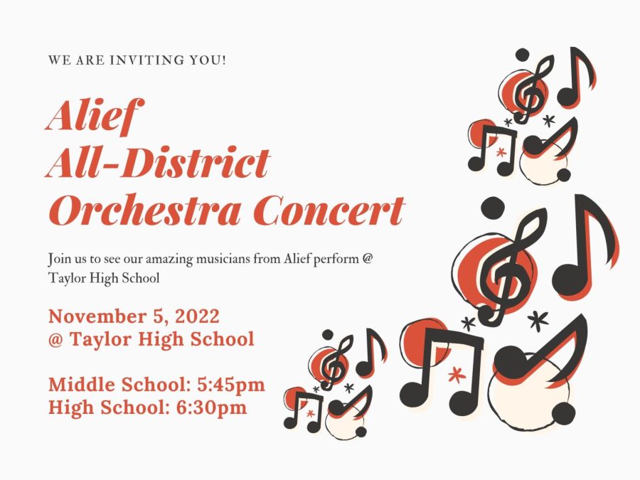 Orchestras flyer for the November 5 All-District performances. The location will be at Taylor High School. Both middle schools and high schools will perform there. Also, note from Orchestras Instagram: The concert is free so make sure to bring your family and friends!