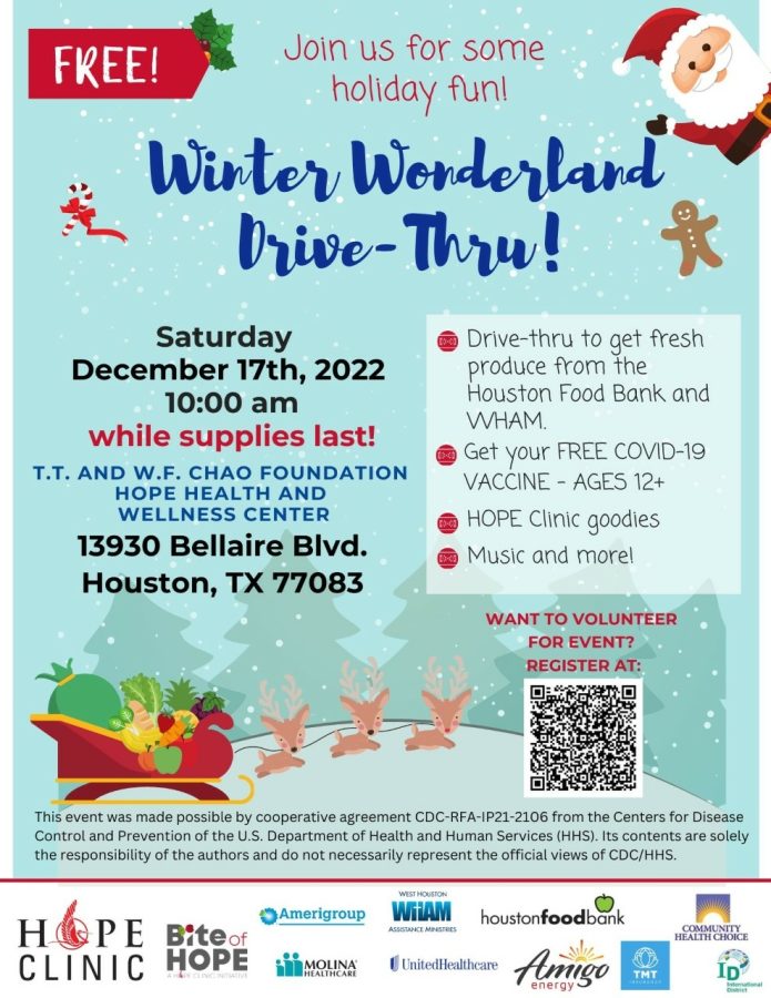 Winter Wonderland Drive-Thru poster.  In partnership with the hope clinic and others, the winter wonderland drive-thru was made possible. NHS members can gain any last minute points they need by volunteering. Please remember that points are DUE December 16, 2022, however, I will make an exception if you would like to count hours for this event in your points for this semester! - Caelan Nguyen.