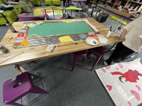 Ready, set, paint! In the library, the Student Council officers create two banners for school board appreciation month.