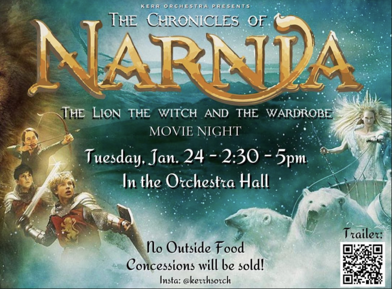 Here is the poster made by Orchestra for the Movie Night of Narnia. Ramen, chips, and candy will be sold during the movie, so Make sure you bring your money! as kerrhsorch on insta says.
