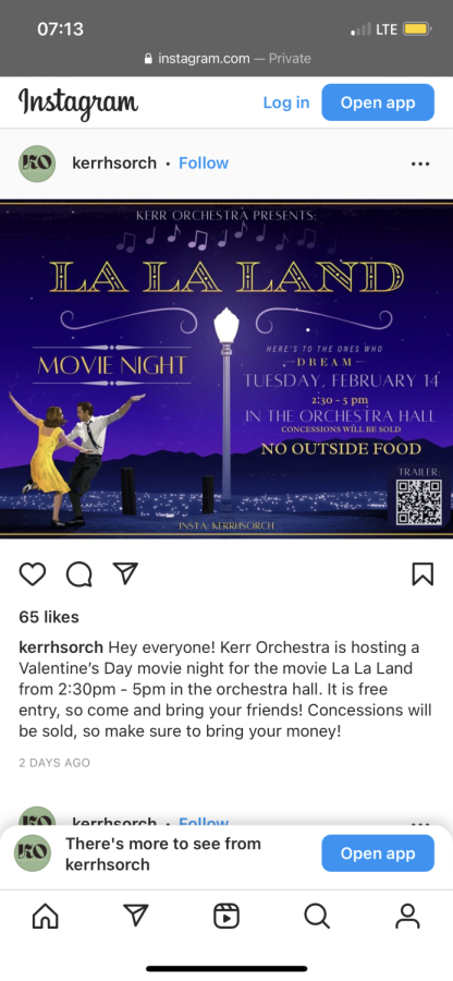Orchestras movie poster for La La Land. Attending the movie night is free, and there might be Valentines-themed food sold.