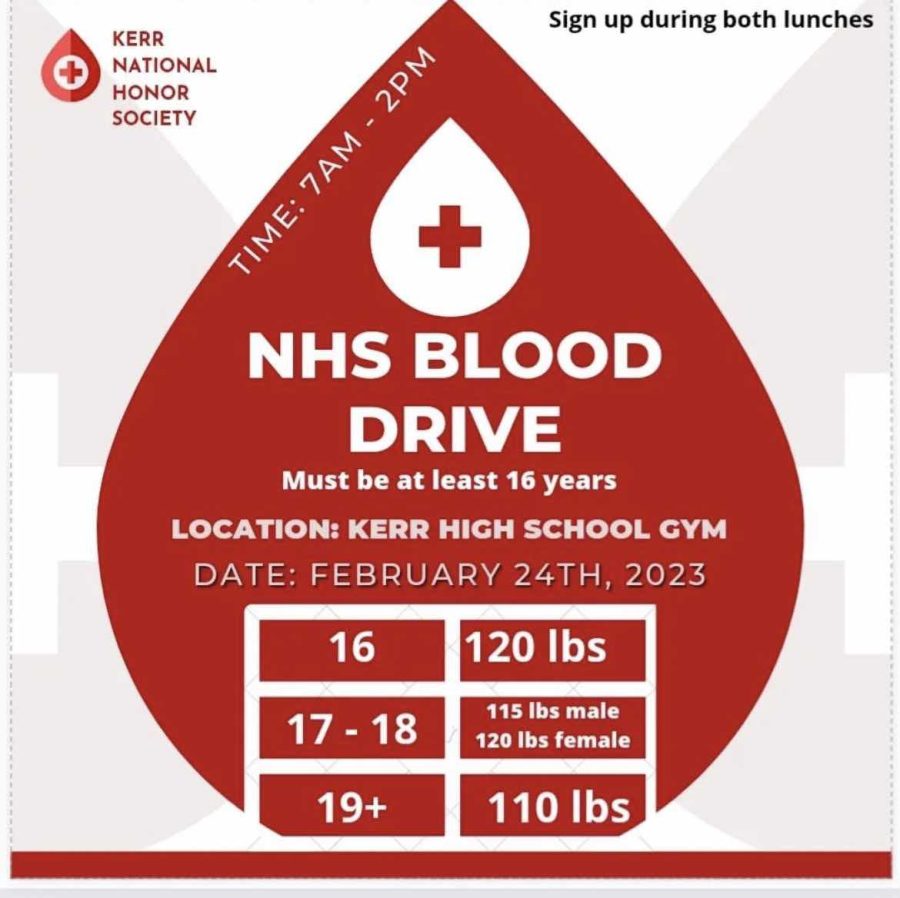 SAVE LIVES
Kerr National Honor Society is hosting a blood drive this Friday, February 24th in the gym. Sign-ups will be held during both A and B lunches. “Everyone giving blood must be at least 16 years old and must meet the weight requirements,” stated the NHS Instagram post.
