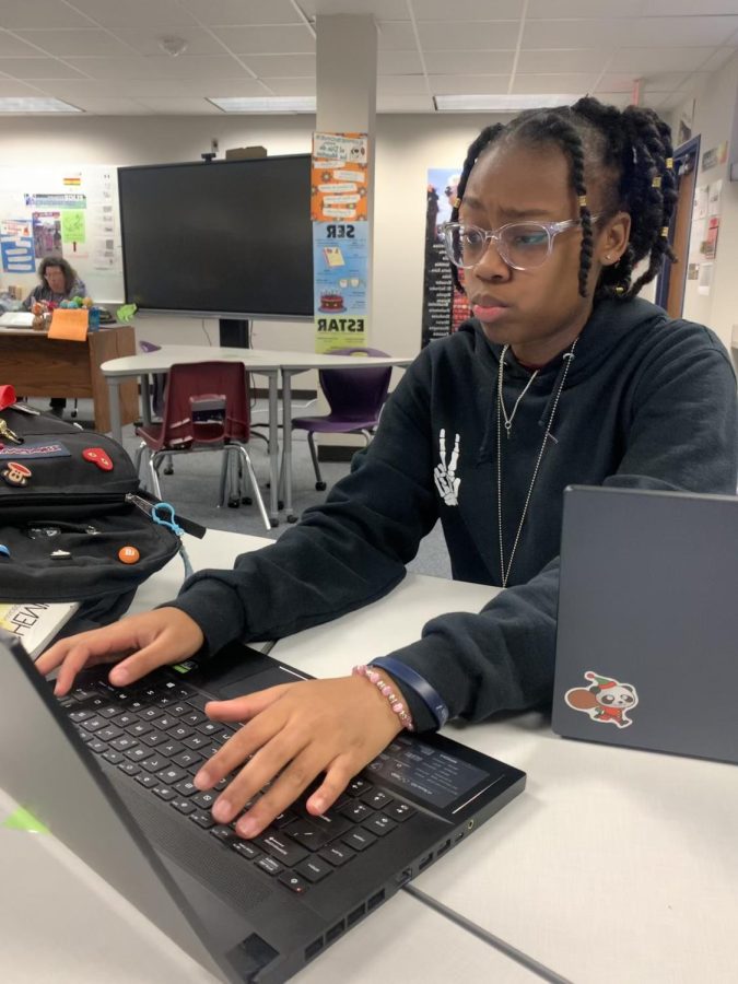 Confuzzled
Cameron Spence is a hard working student at Kerr high School. In the Spanish center, she is seen working on an upcoming Spanish conversation assignment. I dont enjoy learning grammar but I need it for grades, Spence said.