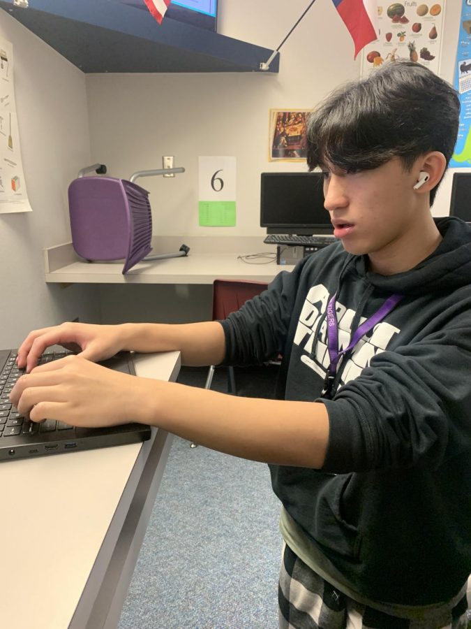 Hola!
Brendan Hoang is a hard working student at Kerr high School. In the Spanish center, he is seen working on an upcoming Spanish conversation assignment. Buenos Dias- I enjoy this center because of my friends, Hoang  said.