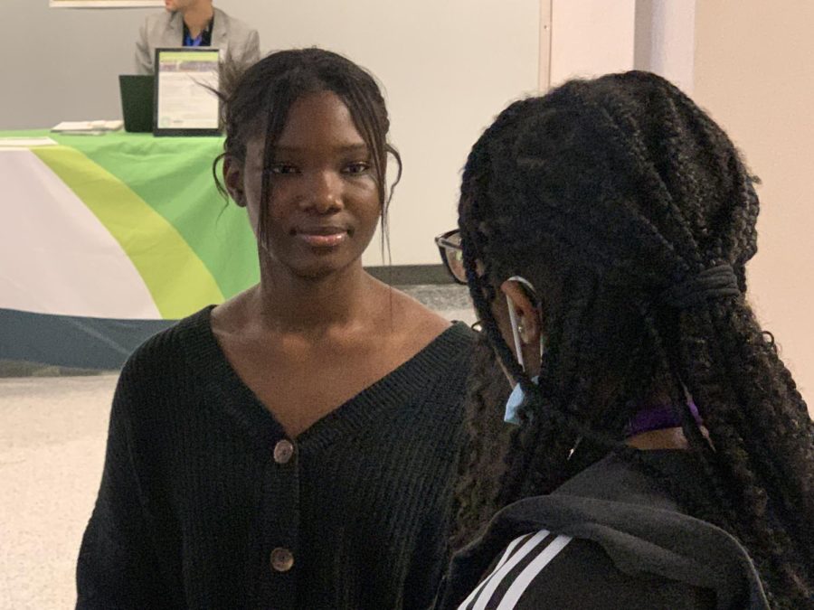 Talk talk!
Paula Ojukwu is a hard-working student at Kerr High School. Under the main stairs study area, she is seen conversing with a friend about assignment ideas. Make decisions that you know your future and your past self would agree with, Ojukwa said.