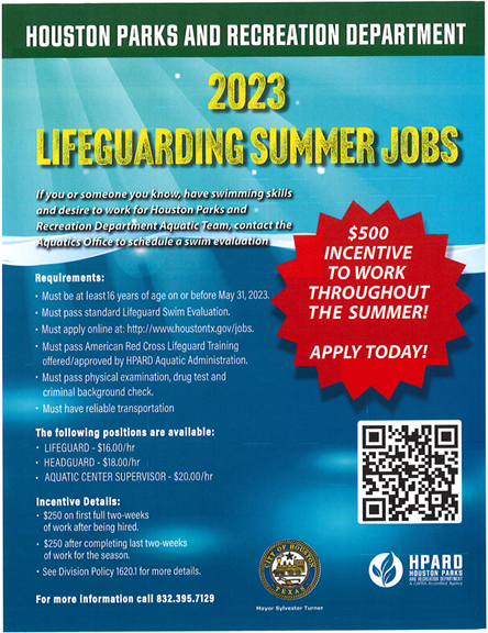 Flyer from HPARD.

Lifeguarding Summer Jobs: people above the age of 16 can work as a lifeguard or other positions listed. There is a $250 incentive for the first and last two weeks. 