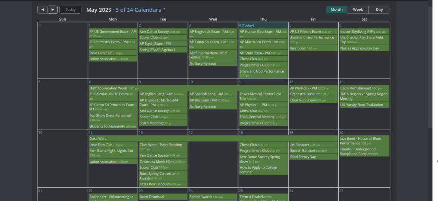 The+calendar+for+May+2023+listing+upcoming+AP+exams%2C+finals%2C+and+other+school+events.+