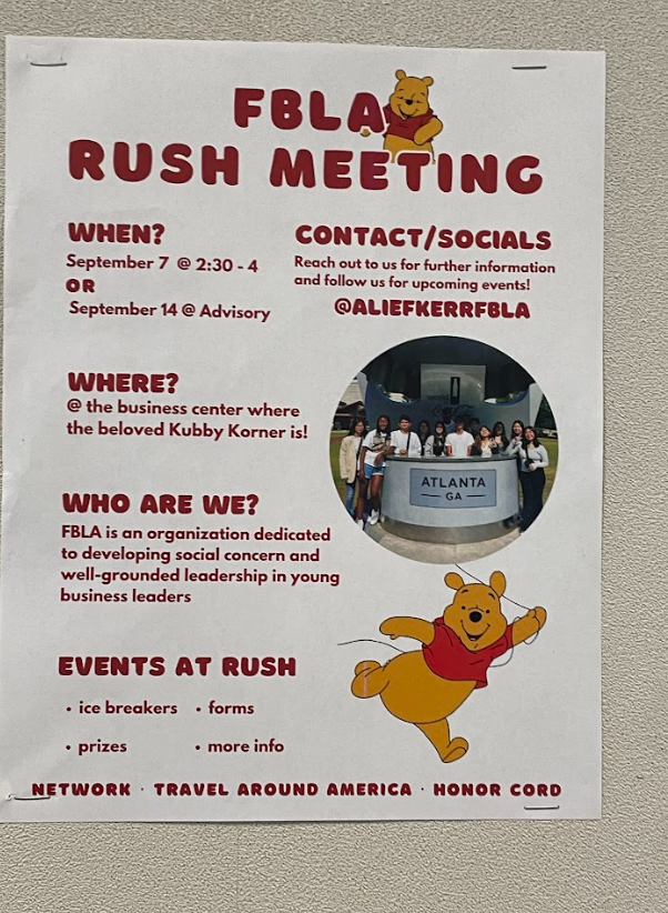 A flyer for FBLAs rush meeting.