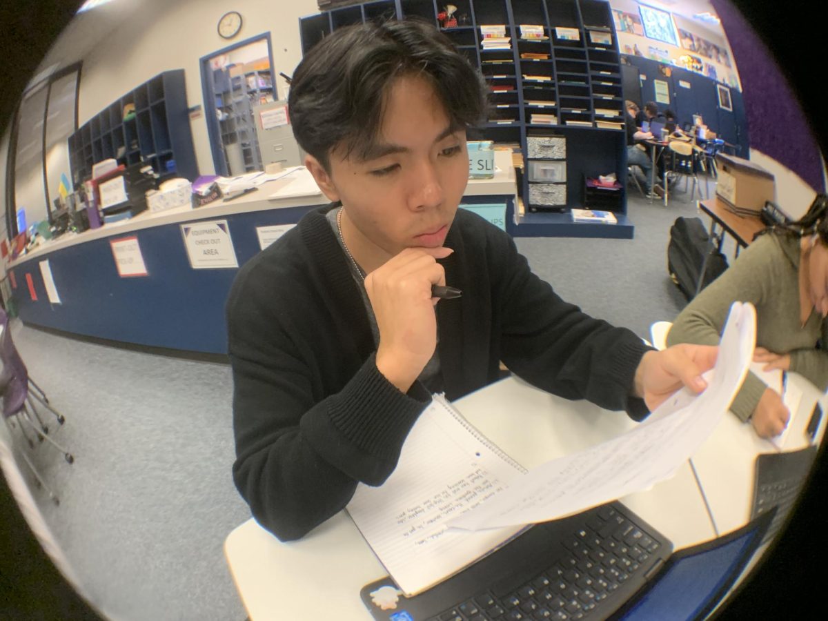 Essay Practice!!!
Justin Nguyen is seen working the latest assignment in the English Department. As he is in AP III, they are practicing essay format for future AP tests. Spread positivity and never back down,” Nguyen said.