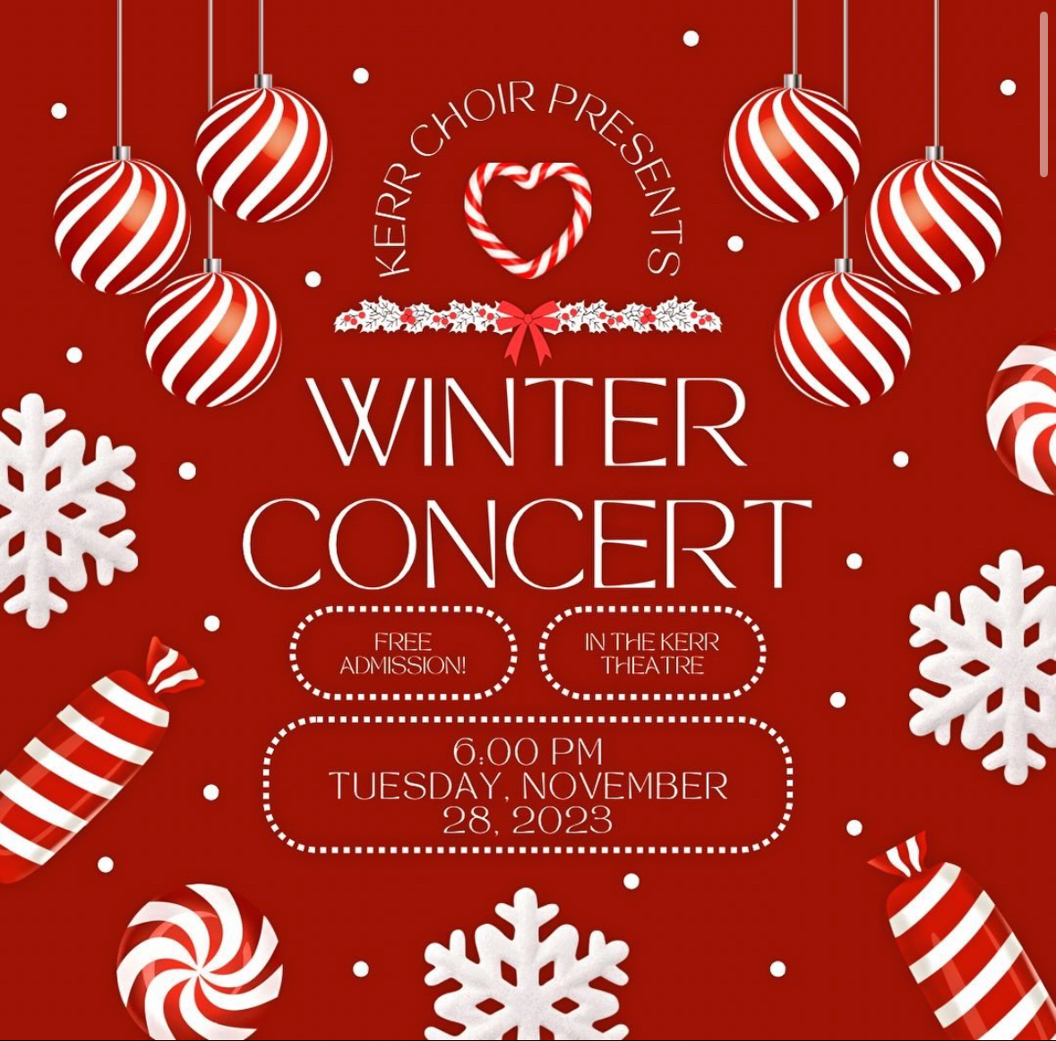 Kerr Choirs presents the Winter Concert. Kerr Choir is hosting their annual winter concert in preparation for the holiday. Admission is free for everyone. Be sure to pull up for some positive winter vibes and see you there, said the official Kerr Choir Instagram. 