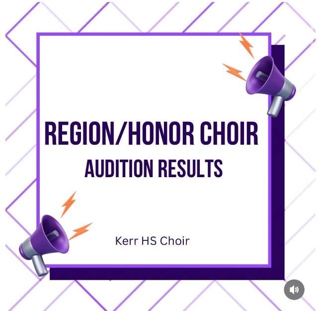 Regional Results Released. Kerr Choir has released the results regarding those who participated in last Saturdays All-State Region auditions. There is five in Honor Choir, six Treble Choir, and eight Mixed Choir students who have been proceeded to the next round. ““We have six Pre-Are candidates and two alternates auditioning in the next round at the end of November.” Said the official Kerr Choir on Instagram. 
