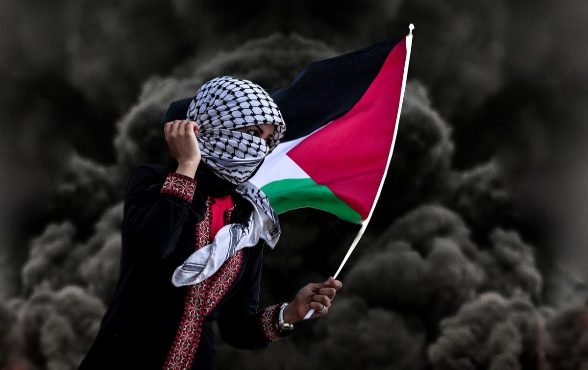 A+person+wearing+the+keffiyeh+and+holding+the+Palestinian+flag+to+show+support.+