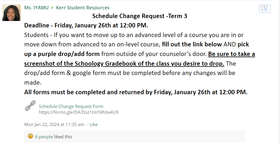 Flipping the Switch. Counselors announce that the due date for schedule change requests is approaching. They inform students of the forms they need to fill to get the request approved. ..pick up a purple drop/add form from outside of your counselor’s door, Iyamu said.