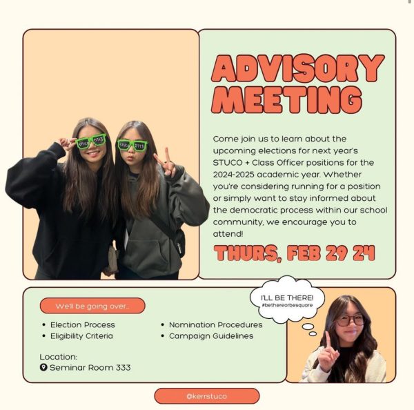 STUCO Advisory Meeting
Student Councils advisory meeting regarding STUCO + Class officer positions will go through campaign guidelines and will take place in seminar Room 333. 