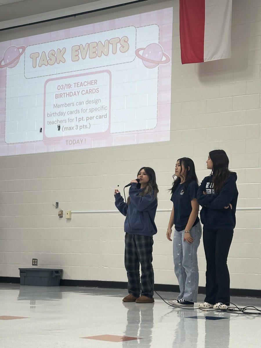TASK crew presents their information for the meeting. 
TASK members Connie Nguyen, Lisa Le, and Chloe Roberts presented their tasks for the meeting and ways to earn STUCO points. Attendees can create and design birthday cards for teachers for 1 point per card (max of 3 points). 