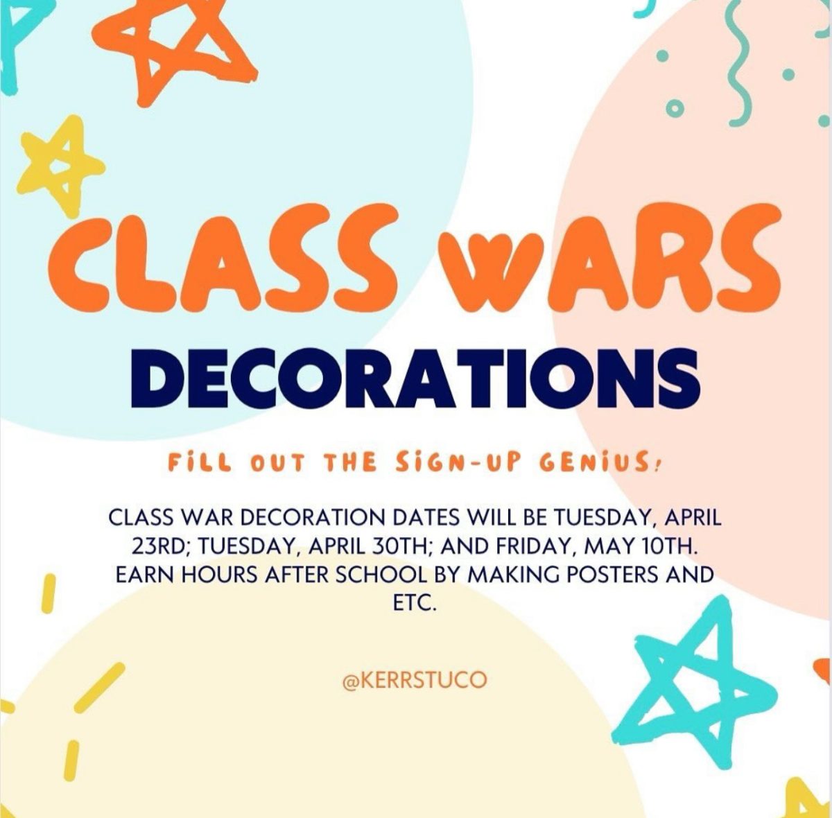 Class Wars Decorations! The Student Council Officers advertise their afterschool dates for members to help prepare for class wars. By participating, members can earn STUCO points as well as hours.