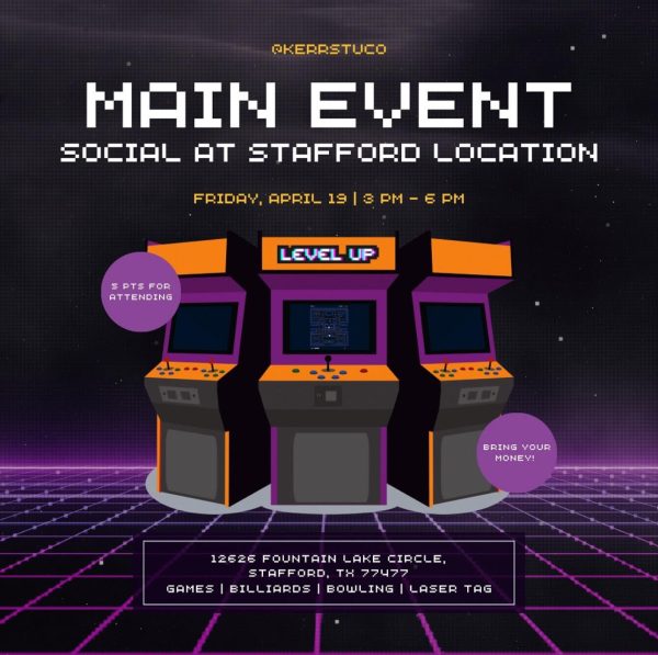 Main Event STUCO Social. Student Council officers hold their next general meeting as social at Main Event in the Stafford location. This is their Instagram advertisement. 