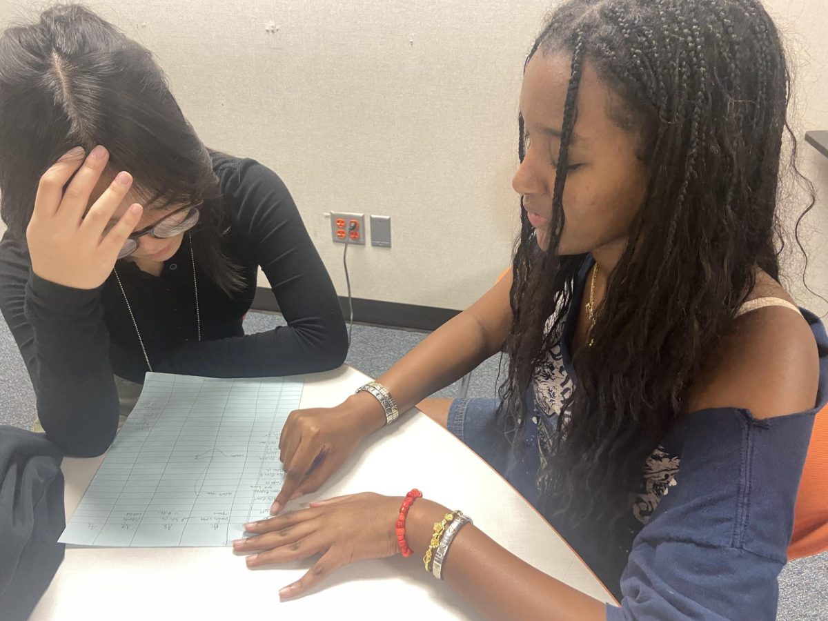 Debate 101! Sophia Ghebrelul carefully explains the structure of Lincoln-Douglass debate to Ngoc Ho. This is Ho's first year doing debate and she is nervous for the tournament happening in two weeks. "Once you understand the basics of debate, the tournament will come as a breeze to you," Ghebrelul said. 