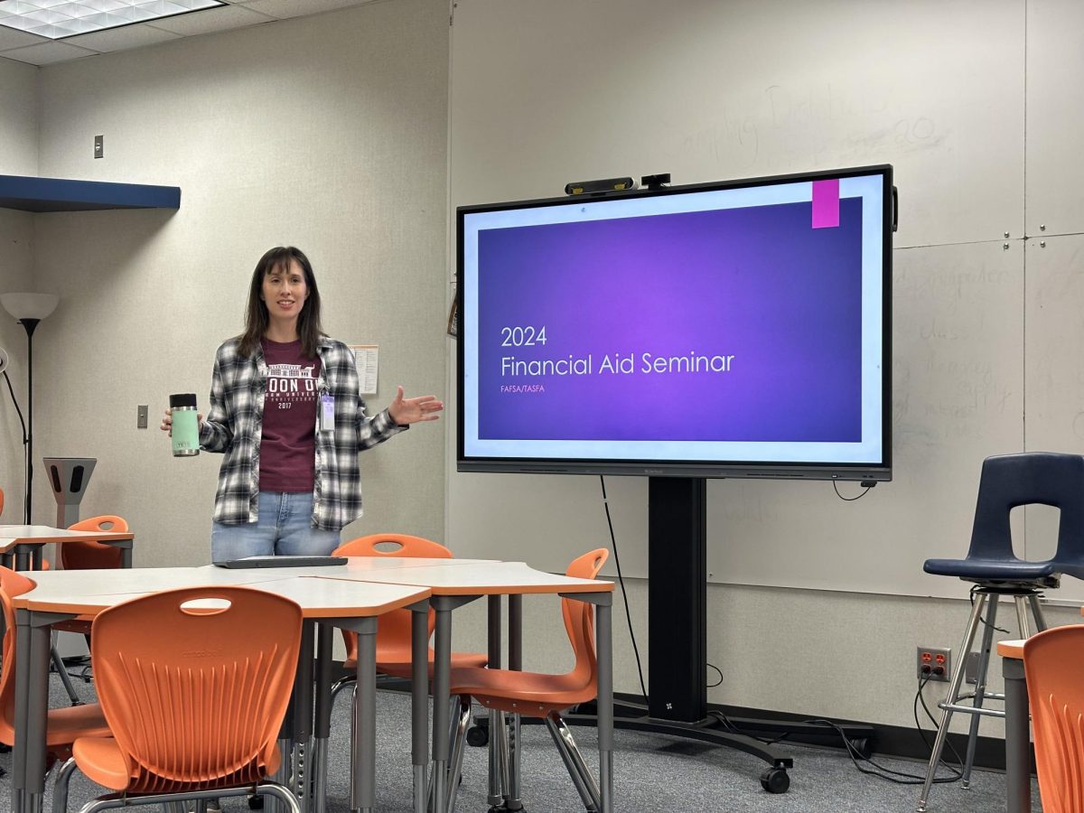 Staying Prepared: Counselor Laura Tully speaks to seniors about applying for FAFSA/TASFA. Students are required to complete the form since it is a requirement for graduation. "Know that we're here to help," Tully said.