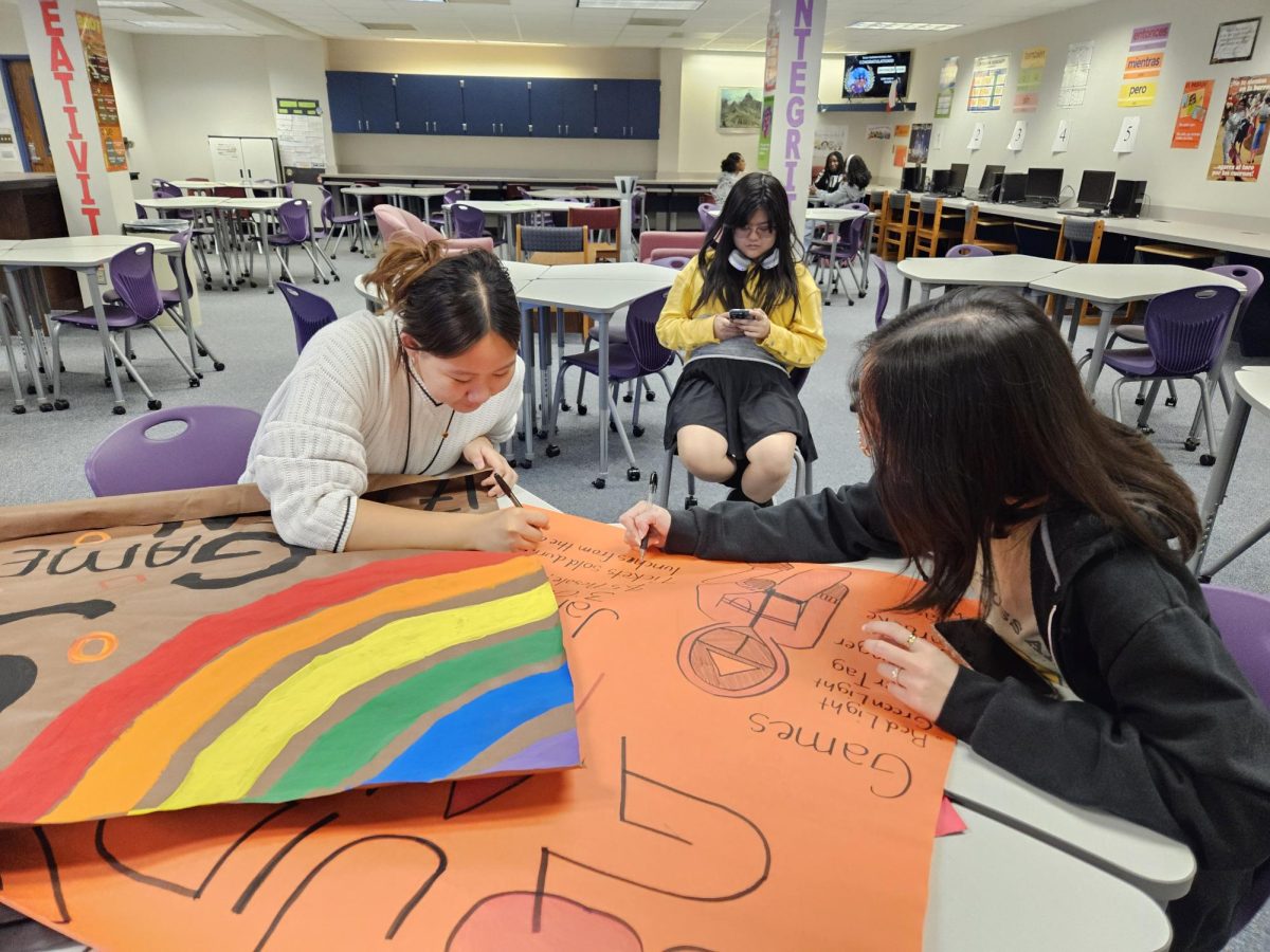 Bring Out The Colors: Sophomore Helin Wang and vice president Jenny Nguyen work on poster. They are making advertisement posters for the Game Night that cover concessions and games that will be provided. “I was surprised to see how good all the posters were,” Nguyen said. 
