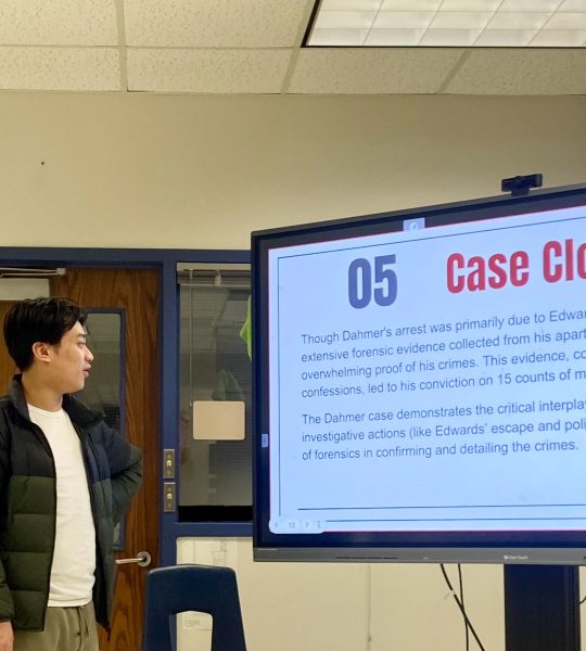 Pay Attention! Zhehao Wu presents his serial killer slideshow to fellow classmates. He describes who his serial killer was, what he did, and how the case was solved. 