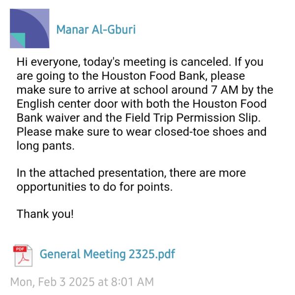 Unexpected Changes: President Manar Al-Gburi posts on Schoology about general meeting cancelation. She explains Field trip details. "There was only one officer available for this meeting because there was too much going on, especially with the NHS induction and the NHS meeting," Vice President Jenny Nguyen said.