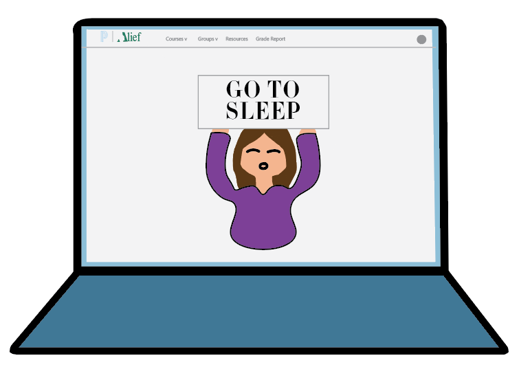 A drawing of college counselor Laura Tully holding up a banner saying 'GO TO SLEEP' on the Schoology page.