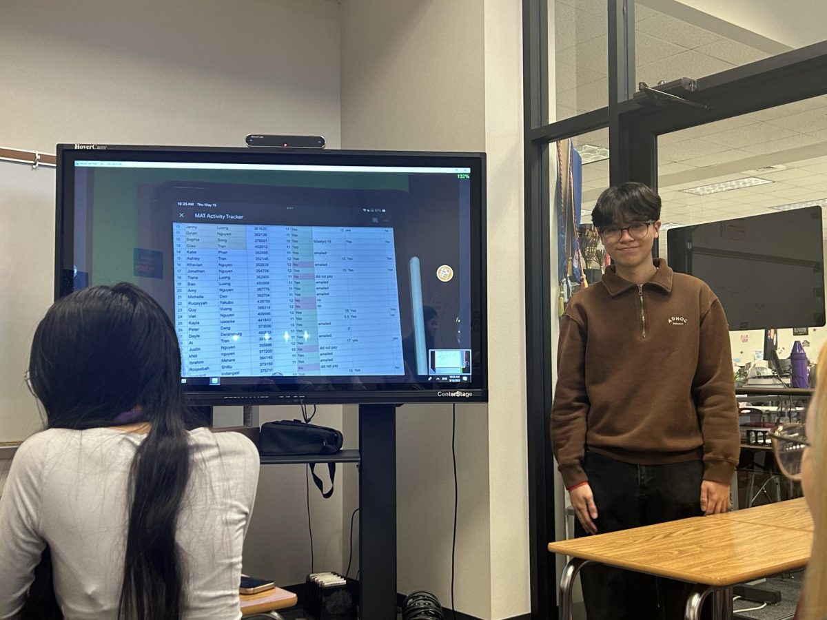 The Active List! Dylan Nguyen stands at  front and presents the active member list for Mu Alpha Theta graduating seniors. Nguyen encouraged students to confirm their status for a cord. “Check to see if your name is on the screen for eligibility,” Nguyen said.