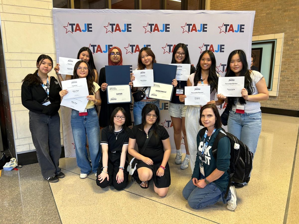 Shining Bright: The publications team displays their awards at the Texas Association of Journalism Educators (TAJE) Fall Fiesta. The team competed in a variety of categories ranging from Digital Photo with different themes to Feature Writing. "Fall Fiesta was a life changing experience and I'm so proud of all of us," said Yearbook Editor-in-Chief Tiana Luong. 