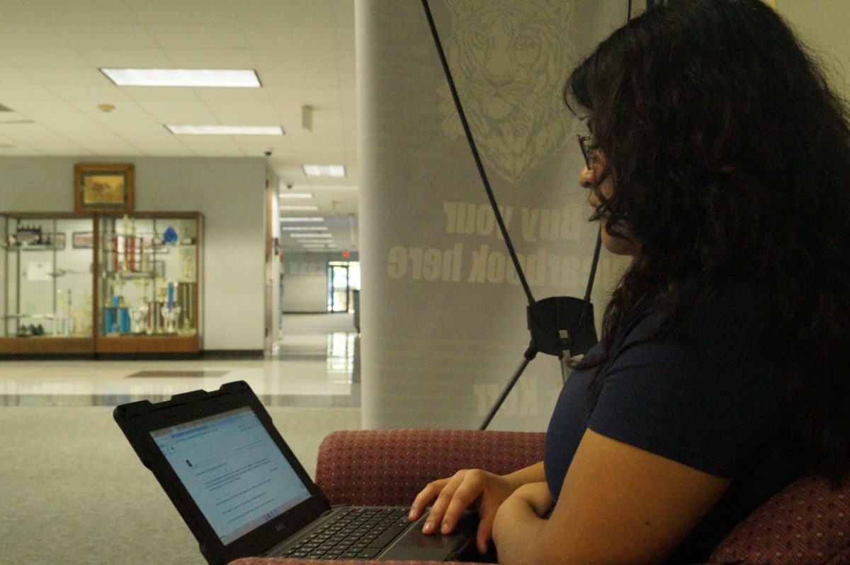 Test Ready: Junior Marlin Cueva studies for the US History STAAR EOC using the Texas Assessment practice test website outside during advisory time. With EOC coming up, she brought it on herself to work for a higher score. "You have to keep your discipline because it all depends on you. Teachers are not bothering you with it. So if you want a good grade, you have to be disciplined with it."