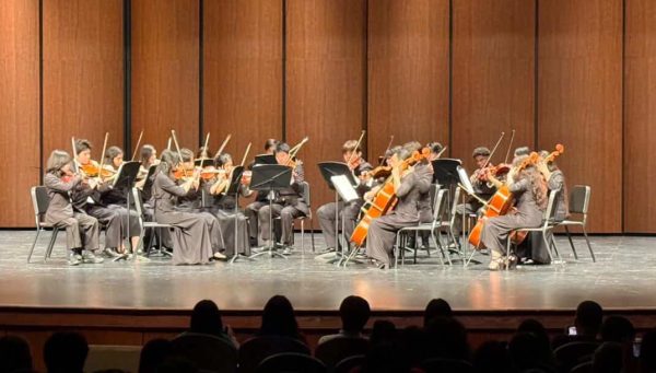 Moving Bows: Cambiata Orchestra performs at the Spring Concert in the Main Stage Theater. This orchestra group performed lastly to end the season off with a kick. "It was very nice to watch Cambiata perform after I got done performing with my group because it gave me a break to enjoy the concert myself," Safa Karim said.